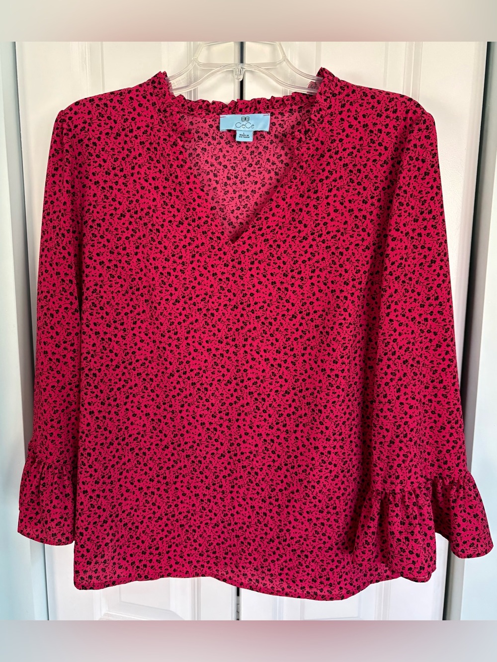 CeCe Red-Pink Floral V-Neck Ruffle Sleeve Blouse